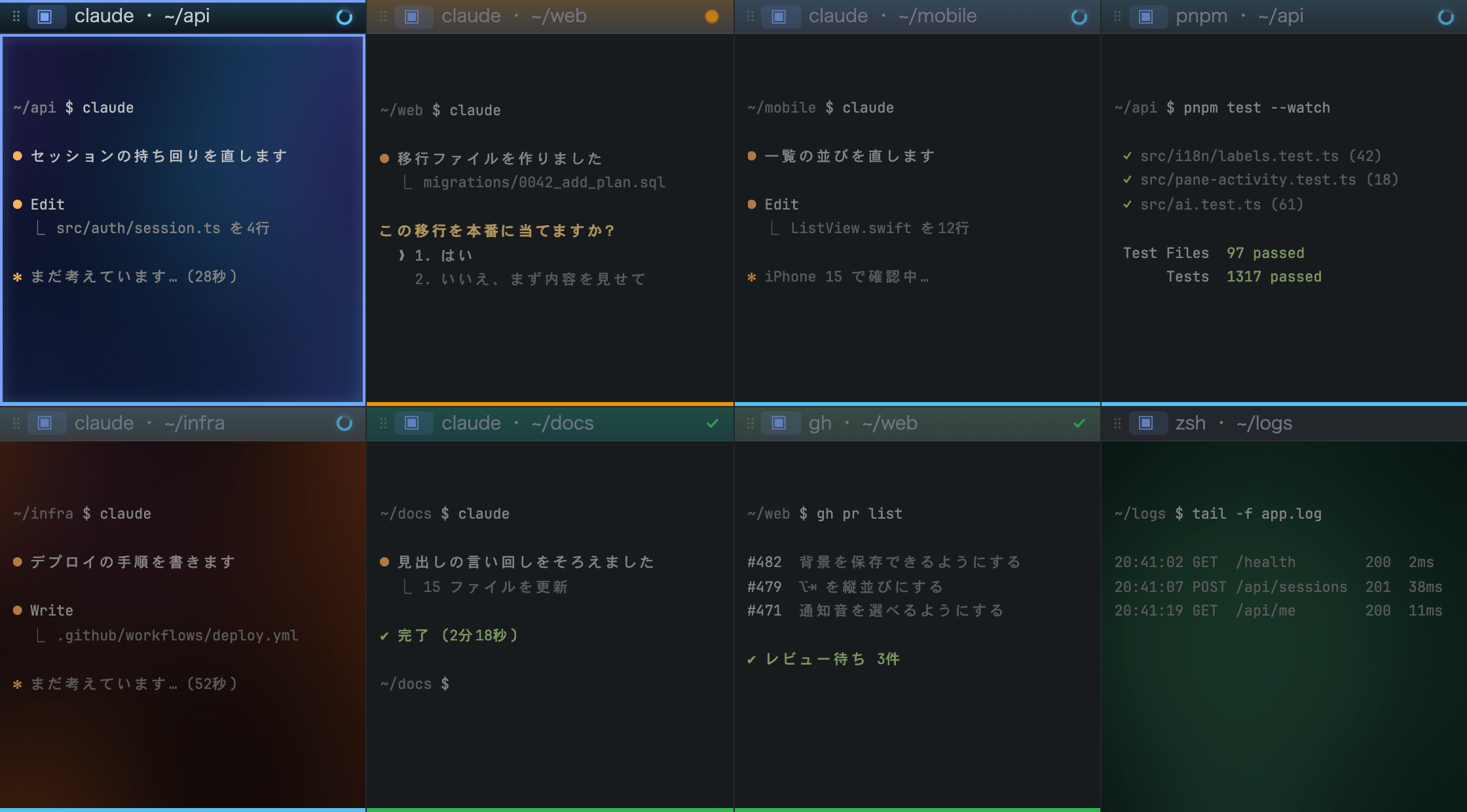 Eight panes running api, web, mobile, tests, infra, docs, pull requests and logs at once