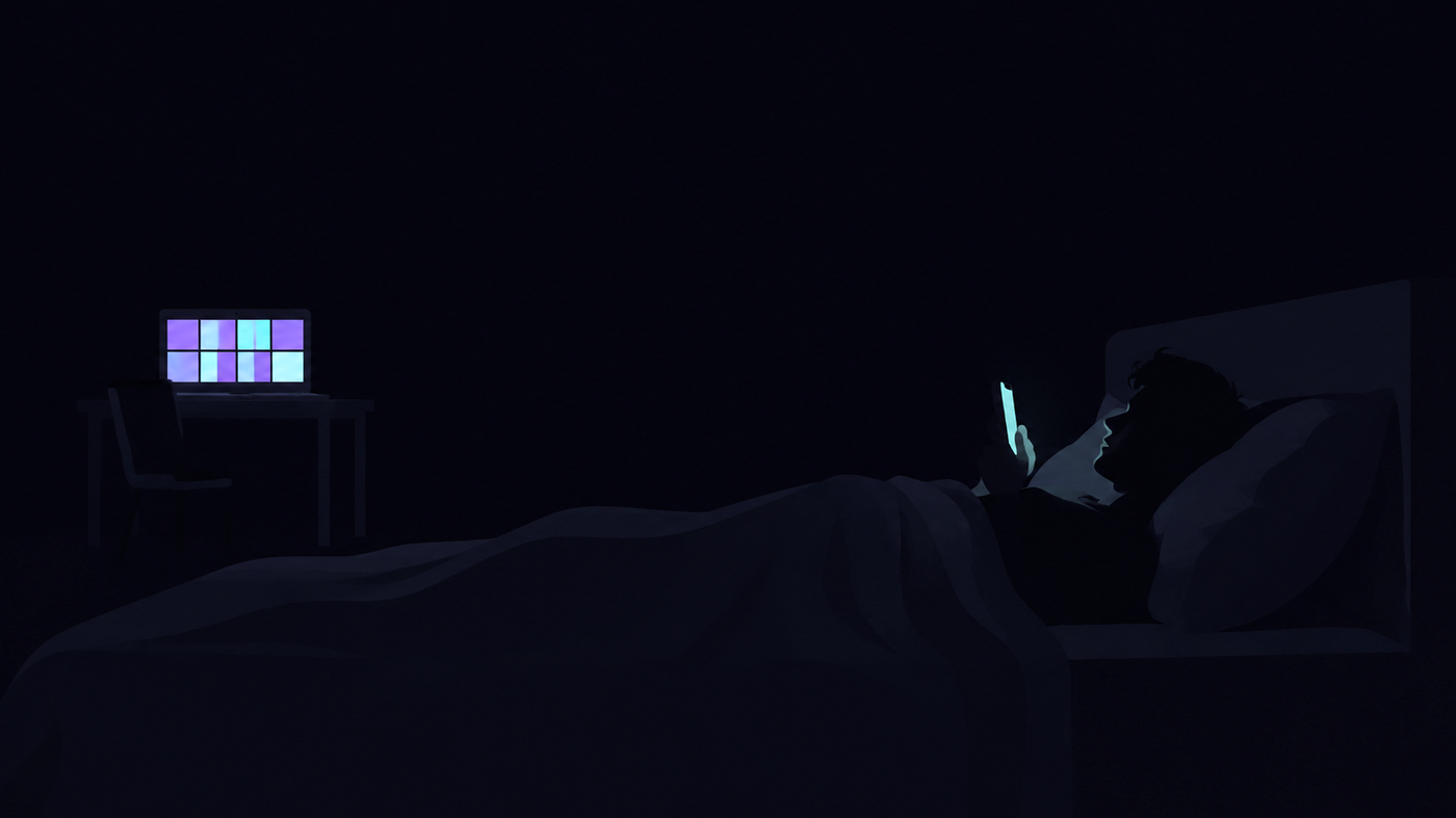 A dark room. Someone in bed with a phone. Across the room, a laptop still running eight panes